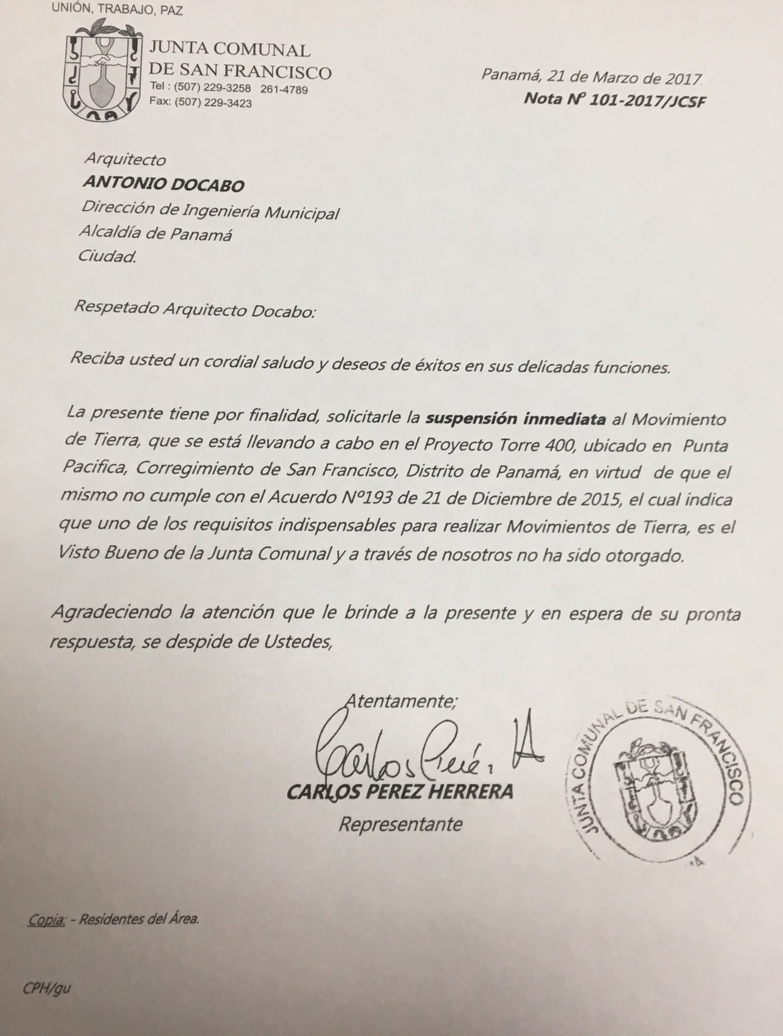 H.R. de SF, Carlos Pérez Herrera exigió a la DOYC fiscalizar y detener movimentos de tierras por falta de permisos de su despacho